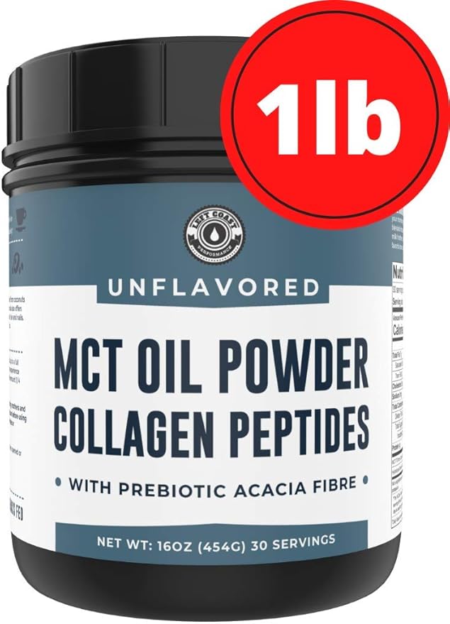 MCT Oil Powder + Keto Collagen Peptides + Acacia Fibre 16oz (Unflavored). 10g MCT, 5g Collagen. MCT Collagen for Coffee Creamer, Shakes, Smoothies, Ketogenic Low Carb Protein Powder