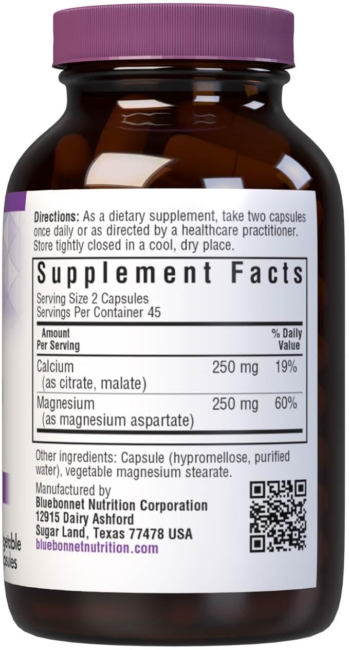 BlueBonnet Calcium Magnesium 1:1 Ratio Vegetarian Capsules, 90 Count