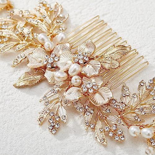 SWEETV Handmade Wedding Hair Comb Clip Rhinestone Bridal Hair Comb Piece, Gold Hair Accessories for Brides Wedding