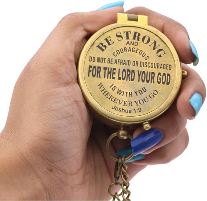 Be Strong And Courageous, Joshua 1:9, Solid Brass Directional Engraved Compass, Baptism Gifts for Boys Girls, First Communion, Christian Gifts for Men, First Confirmation Gifts for Boys Catholic Gifts