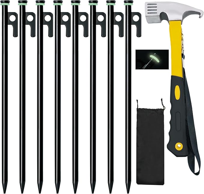8 Pack Tent Stakes with Hammer, 16in Heavy Duty Tent Stakes + 12in Tent Stakes Hammer+Storage Pouch, Forged Steel Tent Stakes for Camping Used on Rocks(8Pcs 16in Tent Stakes and Hammer)