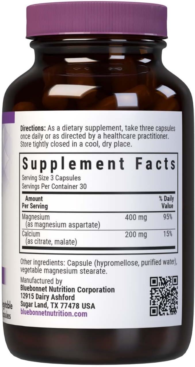 Bluebonnet Nutrition Magnesium & Calcium 2:1 Ratio, Bone Health*, Non-GMO, Vegan, Kosher Certified, Gluten-Free, Soy-Free, Dairy-Free, 90 Vegetable Capsules, 30 Servings