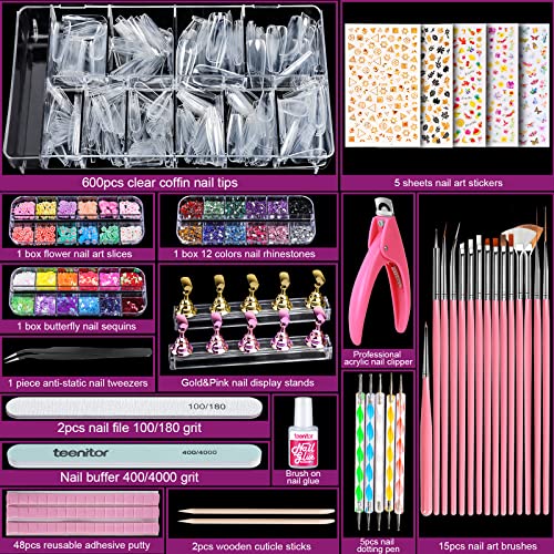 Teenitor Acrylic Fake Nails Kit, Press On Nail Supplies with Clear Coffin Nail Tips Nail Stand Nail Art Brushes Dotting Pen Glitter Sequins Sticker Rhinestones Nail Decorations Press On Nails Kit