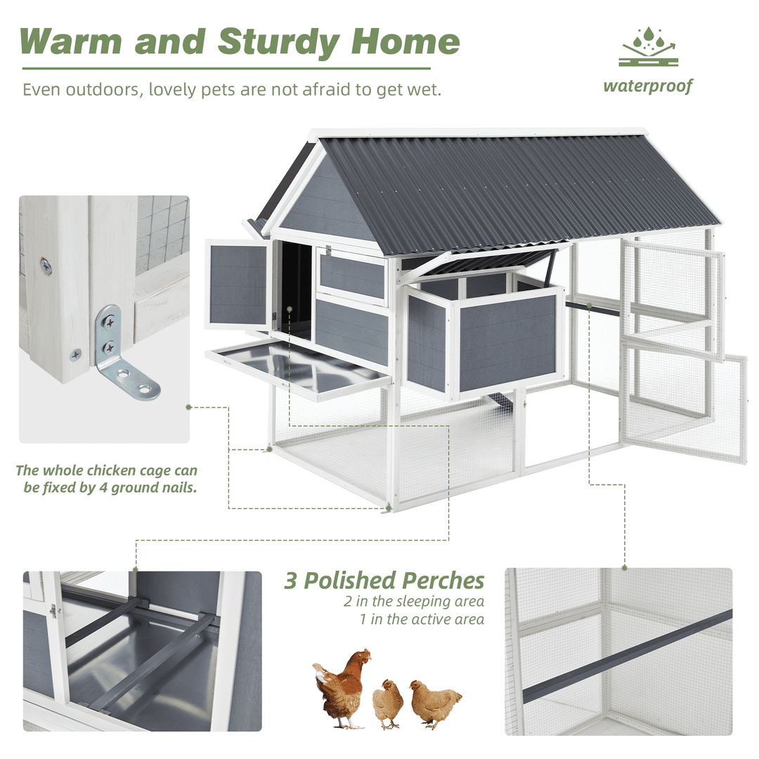 YODOLLA 84” Outdoor Large Chicken Coop, Wooden Hen House Poultry Cage for 10 Chickens Walk in Chicken House with Run, Grey