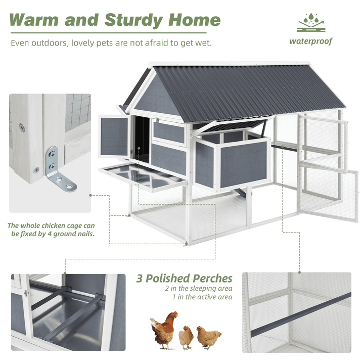 YODOLLA 84” Outdoor Large Chicken Coop, Wooden Hen House Poultry Cage for 10 Chickens Walk in Chicken House with Run, Grey