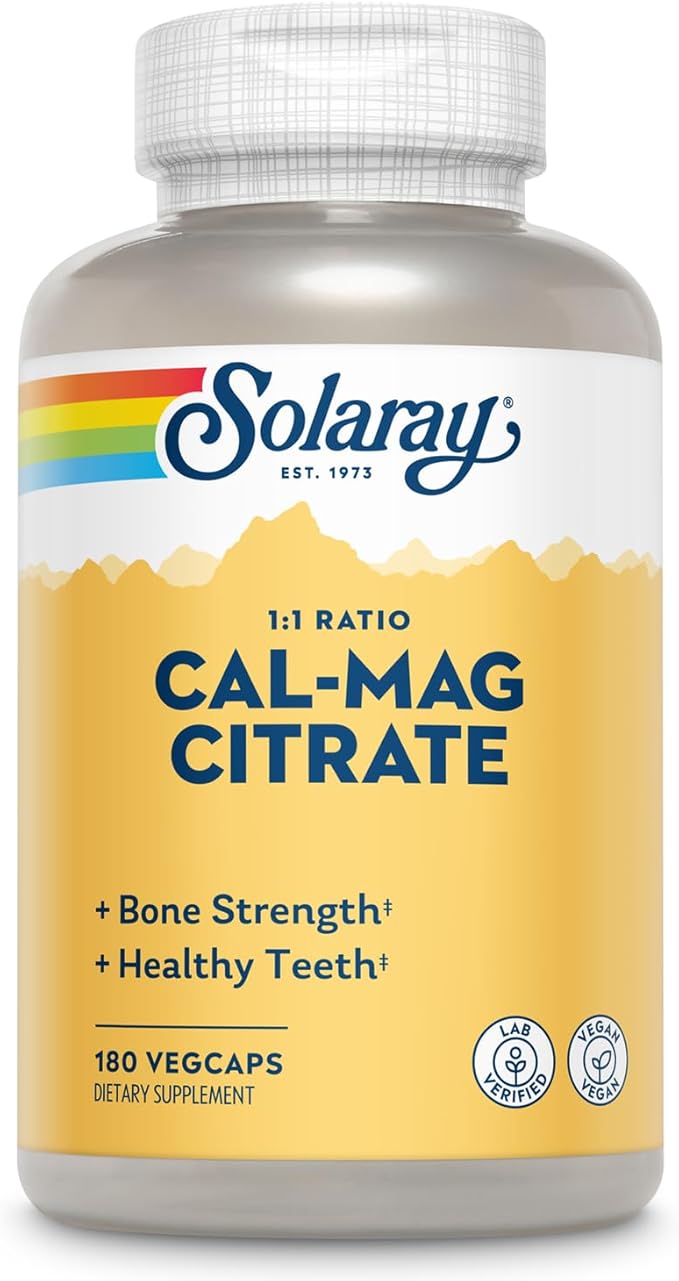 Solaray Calcium Magnesium Citrate 1:1 Ratio, Healthy Bones, Teeth, Muscle & Nervous System Support, 30 Serv, 180 VegCaps