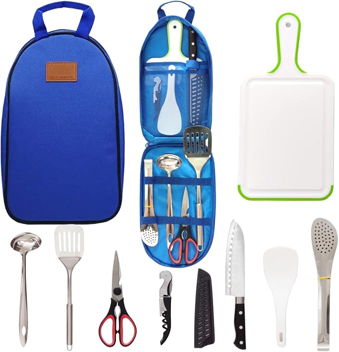 Camp Kitchen Utensil Organizer Travel Set Portable BBQ Camping Cookware Stainless Steel Utensils Travel Kit Outdoor Equipment Cutting Board Tongs Scissors Knife Ladle Spatula