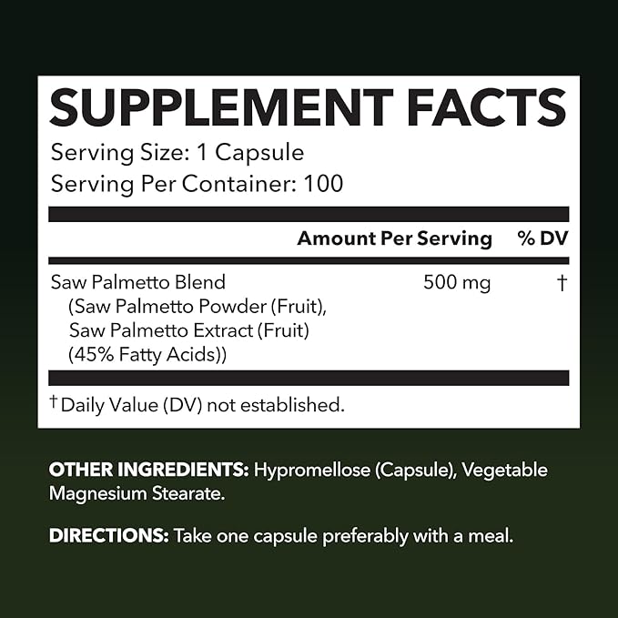 Saw Palmetto for Men Prostate Health Supplement to Promote Urinary Tract Function - 500mg Per Serving - 100 Count - DHT Blocker Hair Vitamin - Vegan, Non-GMO Capsules, Over 3 Month Supply