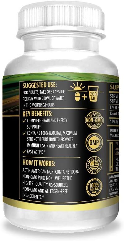 Actif Organic Noni Maximum Strength - 100% Natural Hawaiian Noni, Non-GMO, Made in USA, 100 Count