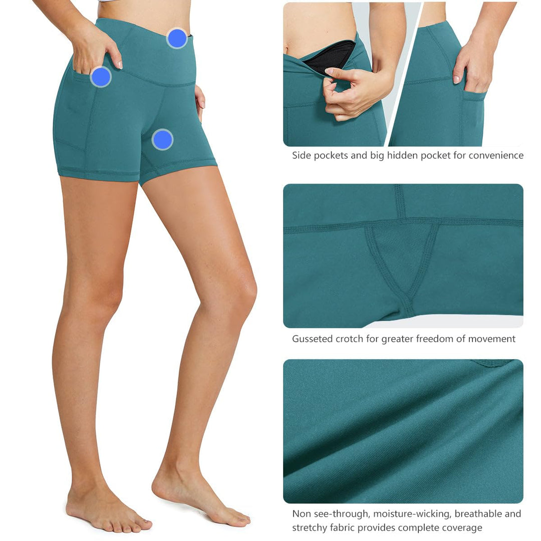 BALEAF Biker Shorts Women Yoga Gym Workout Spandex Running Volleyball Tummy Control Compression Shorts with Pockets 5" Green XS