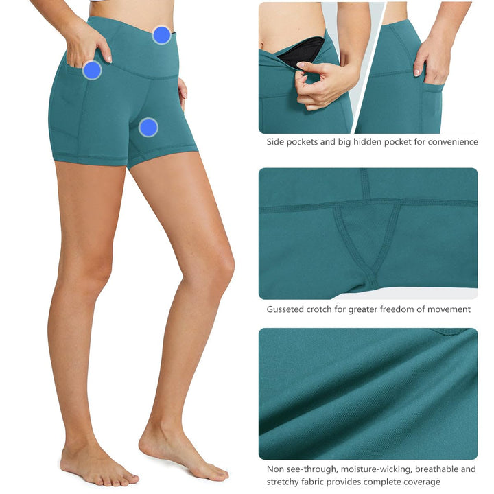 BALEAF Biker Shorts Women Yoga Gym Workout Spandex Running Volleyball Tummy Control Compression Shorts with Pockets 5" Green XS