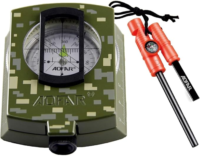 AOFAR Military Compass and Fire Starter AF-4580/381 Lensatic Sighting, Survival Kit,Waterproof and Shakeproof Measure Distance Calculator and Pouch for Camping, Hiking, Hunting, Backpacking