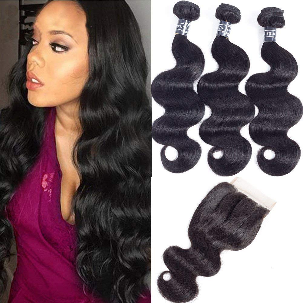Amella Hair 100% Unprocessed Brazilian Virgin Body Wave Hair 3 Bundles With Closure (16 18 20+14 Three Part)8A Brazilian Body Wa