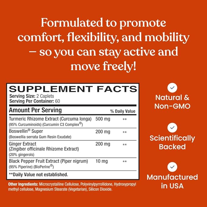 Better Way Health™ - Curcumin Plus - Turmeric Curcumin C3® Complex + Boswellin® Super, BioPerine®, and Ginger - Promotes Joint & Immune Health - 120 Caplets
