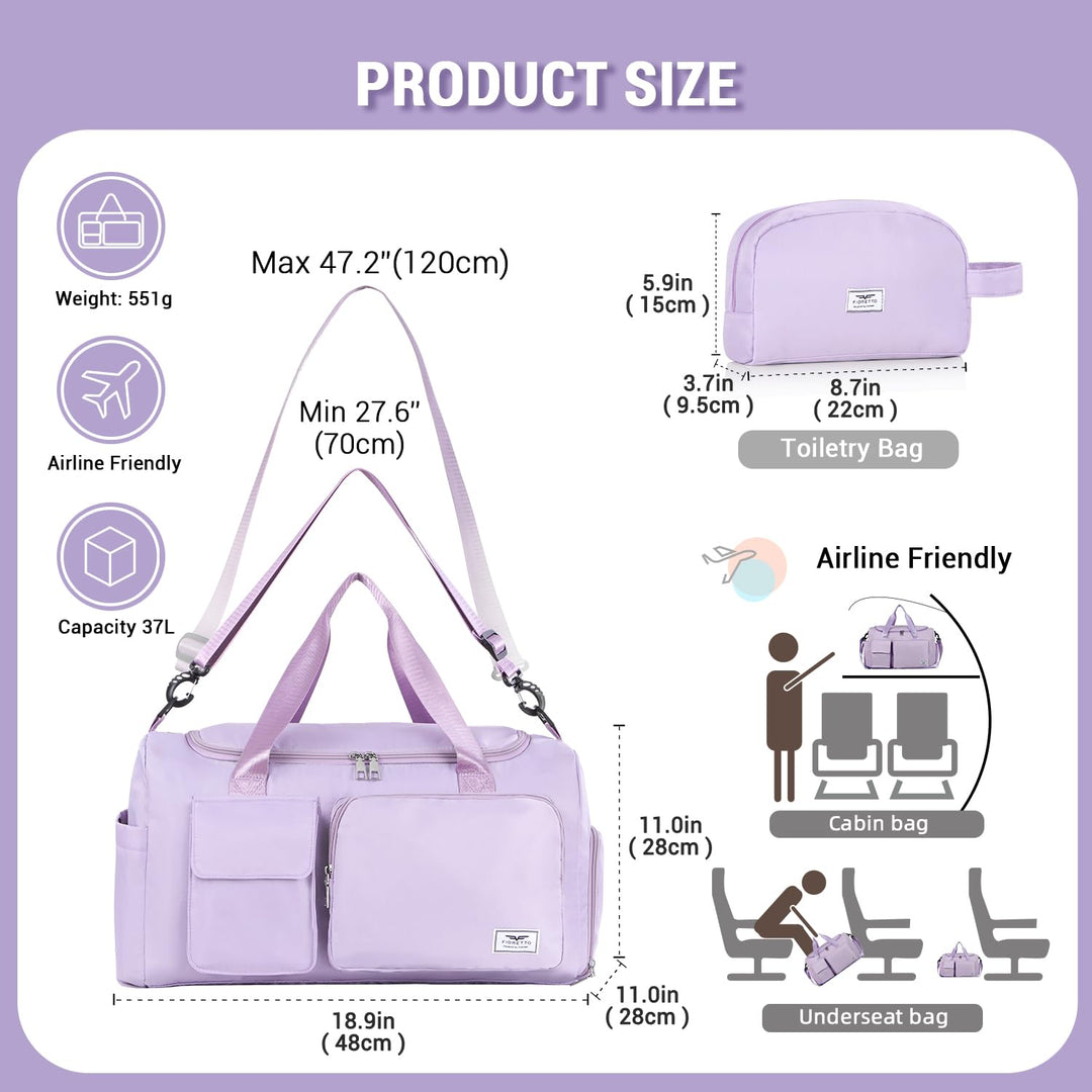FIORETTO Women's Water-Resistant Gym Duffle Bag with Shoes Compartment, 37L Capacity, Multi-Functional, Ideal for Travel, Gym, Sports, Weekender, with Toiletry Bag, Light Purple