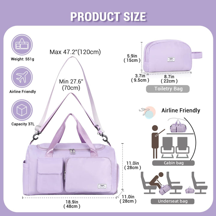 FIORETTO Women's Water-Resistant Gym Duffle Bag with Shoes Compartment, 37L Capacity, Multi-Functional, Ideal for Travel, Gym, Sports, Weekender, with Toiletry Bag, Light Purple