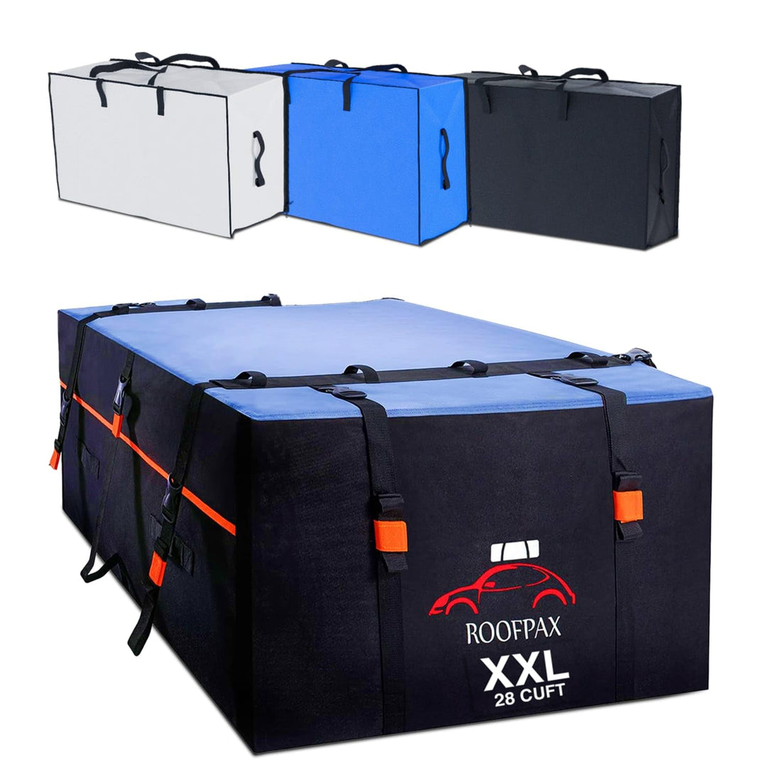 RoofPax XXL 28 cft Car Rooftop Cargo Carrier Bag Extra Waterproof Car Roof Storage with Mat 10 Heavy Duty Tie Down Straps and 6 Hooks Roof Cargo Carrier for Top of Vehicle with/Without Rack Roof Bag