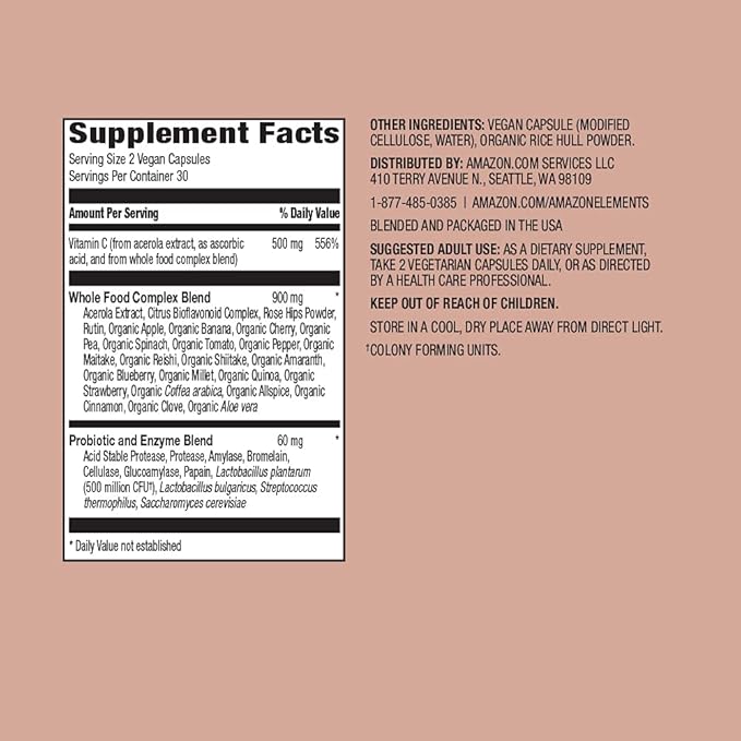 Amazon Elements - Whole Food Vitamin C, 95% Whole Food Source, Dietary and other ingredients derived from whole foods, Non-GMO verified ingredients, vegan certified, and gluten free, 60 capsules