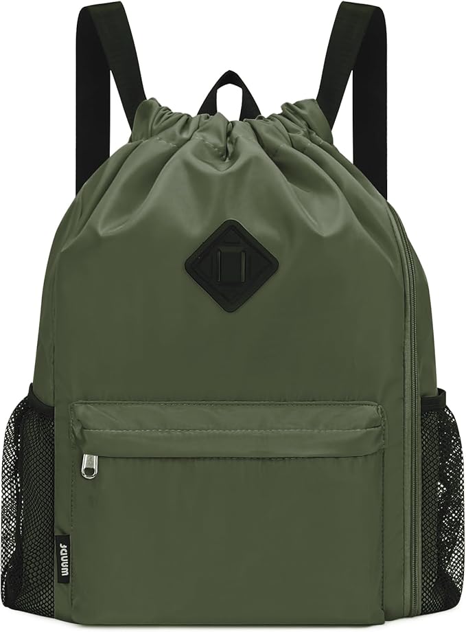 WANDF Drawstring Backpack Sports Gym Bag with Shoes Compartment, Water-Resistant String Backpack Cinch for Women Men (Large,Dark green)