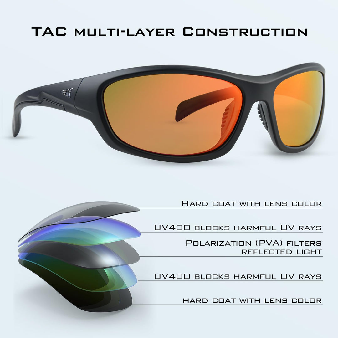 KastKing Hiwassee Polarized Sport Sunglasses for Men and Women, Matte Black Frame,Amber Base Scarlet Mirror