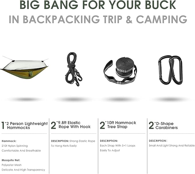 G4Free Large Camping Hammock with Mosquito Net 2 Person Pop-up Parachute Lightweight Hanging Hammocks Tree Straps Swing Bed for Outdoor Backpacking Backyard Hiking