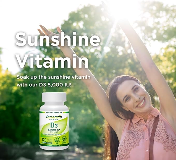 Vitamin D3 5000 IU (125 mcg) 120 Vegetable Capsules Support Healthy Bones Teeth Immune System Supplement