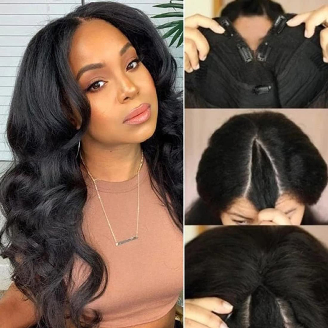 Beauty Forever Small Cap V Part Wig Body Wave Human Hair No Leave Out No Glue No Gel Upgraded U Part Wigs For Women, 10A Grade W