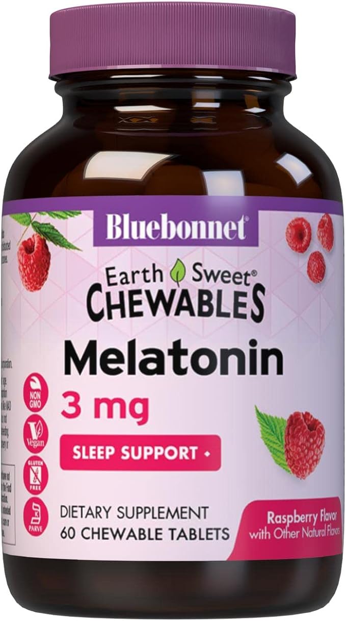 Bluebonnet Nutrition EarthSweet Melatonin 3 mg Fast-Acting Quick Dissolve Nighttime Relaxation & Restful Sleep Support - Sleep Aid - Gluten-Free, Vegan - Raspberry Flavor - 60 Chewable Tablets