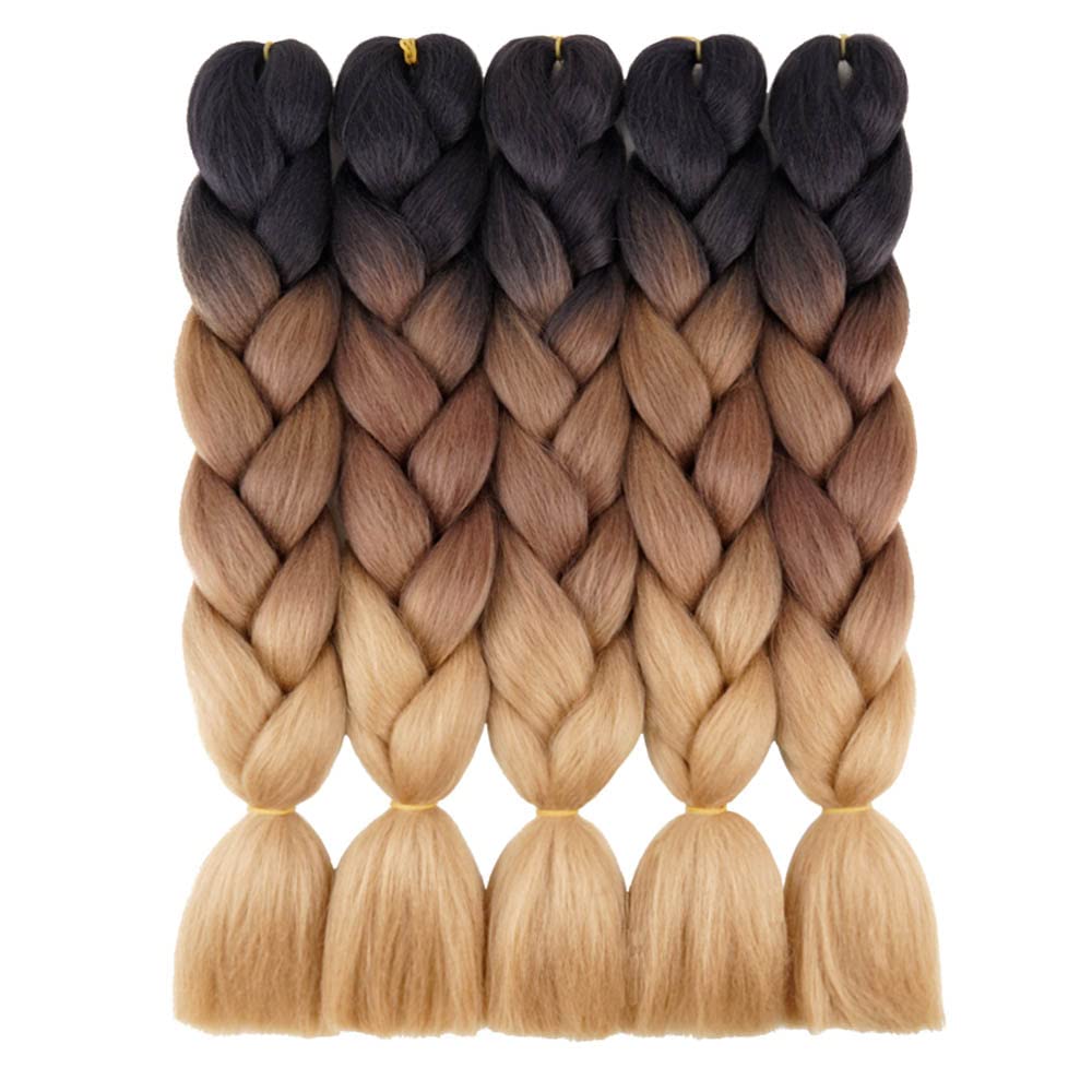 Aidusa Ombre Brown Braiding Hair 5Pcs Synthetic Brown Ombre Braiding Hair 24 Inch 3 Tone Blonde Braiding Hair Crochet Braiding H
