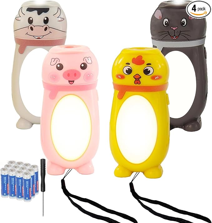4 Pack Small Mini LED Flashlights for Kids - Cute Small Animal Flashlight - 2 in 1 Camping Lantern Flashlight - Christmas Gifts Stocking Stuffers for Boys Girls