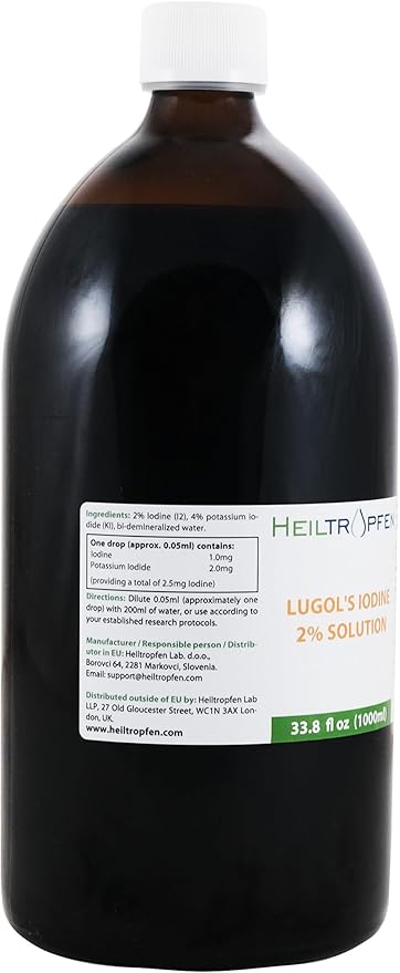 2% Lugols Iodine Solution | 33.8 Fl Oz - 1000 ml | Made with 2 Percent Iodine and 4% Potassium Iodide | Glass Bottle | Lugol's Solution | Heiltropfen®