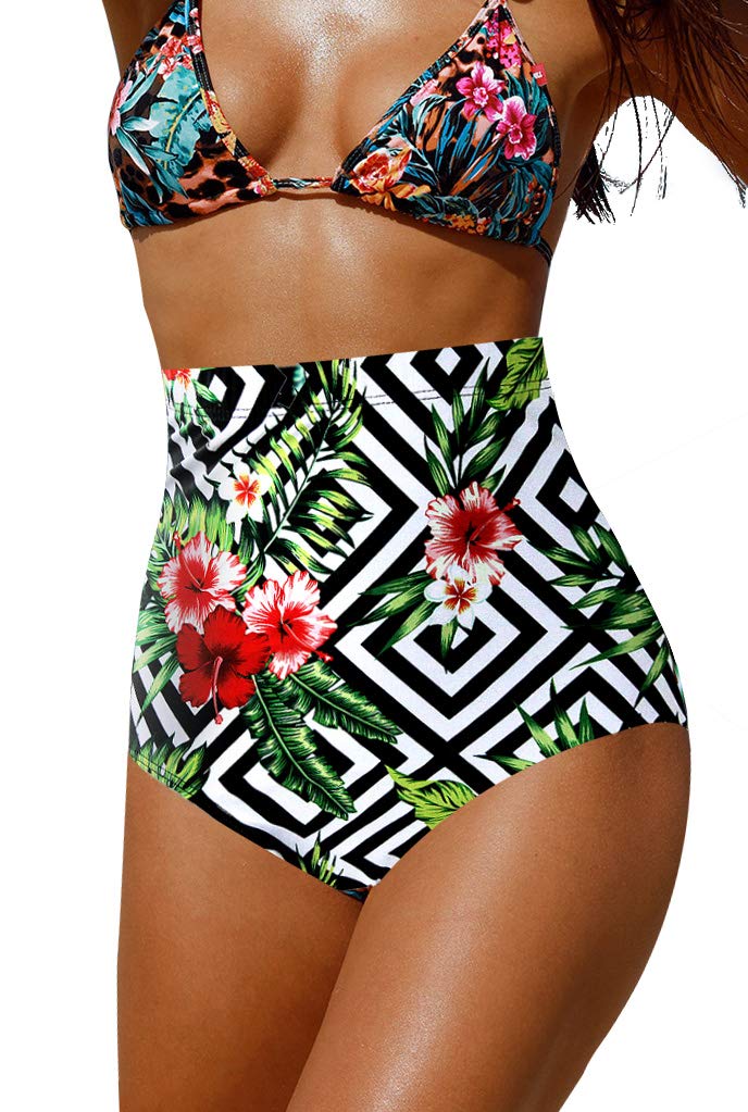 Upopby Women's High Waisted Swimsuit Bikini Bottoms Tummy Control Tankini Bottoms Swim Shorts Printed Grid XL