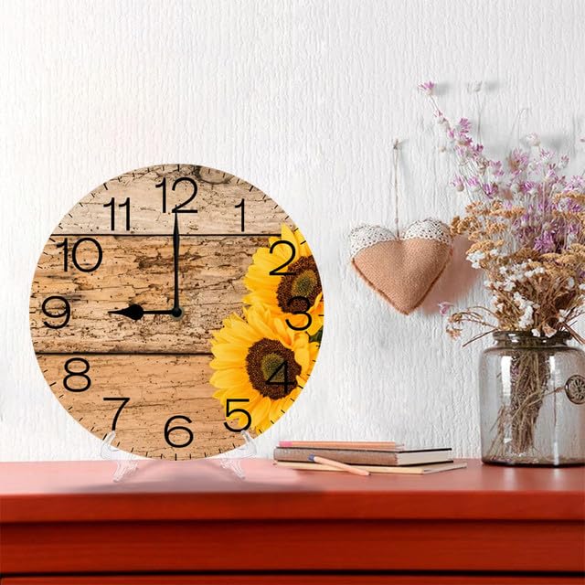 Geroclonup Sunflower Wooden Silent Non Ticking Clock 25cm, Round Wall Clock,Decorative for Living Room, Kitchen, Home,Bathroom, Bedroom, Office or School, Decor on Wood