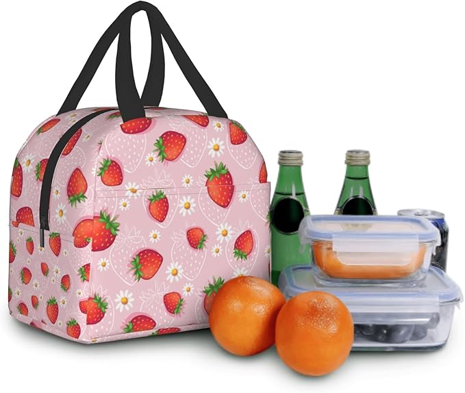 Imiss Strawberry Lunch Bag for Girls Women, Cute Fruit Strawberry Reusable Insulated Lunch Tote with Pocket Lunch Box for School Work Picnic