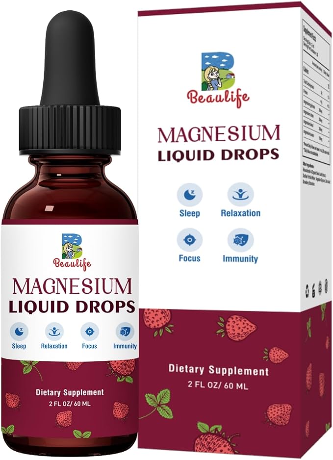 Magnesium Liquid Drop, 1000mg Magnesium Supplement，with Magnesium Glycinate & Citrate, Strawberry Flavor, Calm Mood, Sleep ，Relaxation, Immune, Heart for Adults and Kids