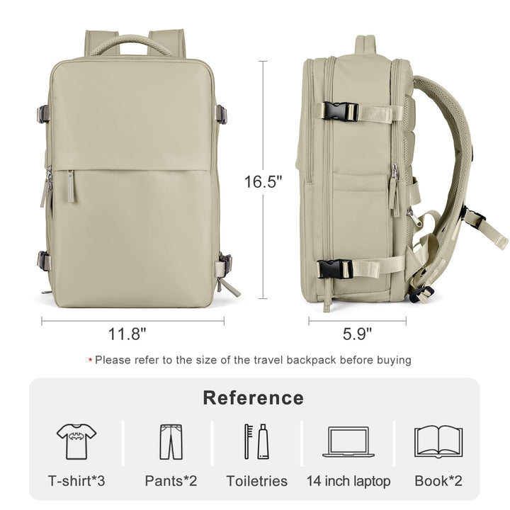 coofay Backpack, Laptop Travel Daypack for Women & Men, Airline Approved Carry On, 15.6'' Laptop Compartment, Waterproof, Anti-Theft, USB Port, Shoes Compartment, 2L, Khaki