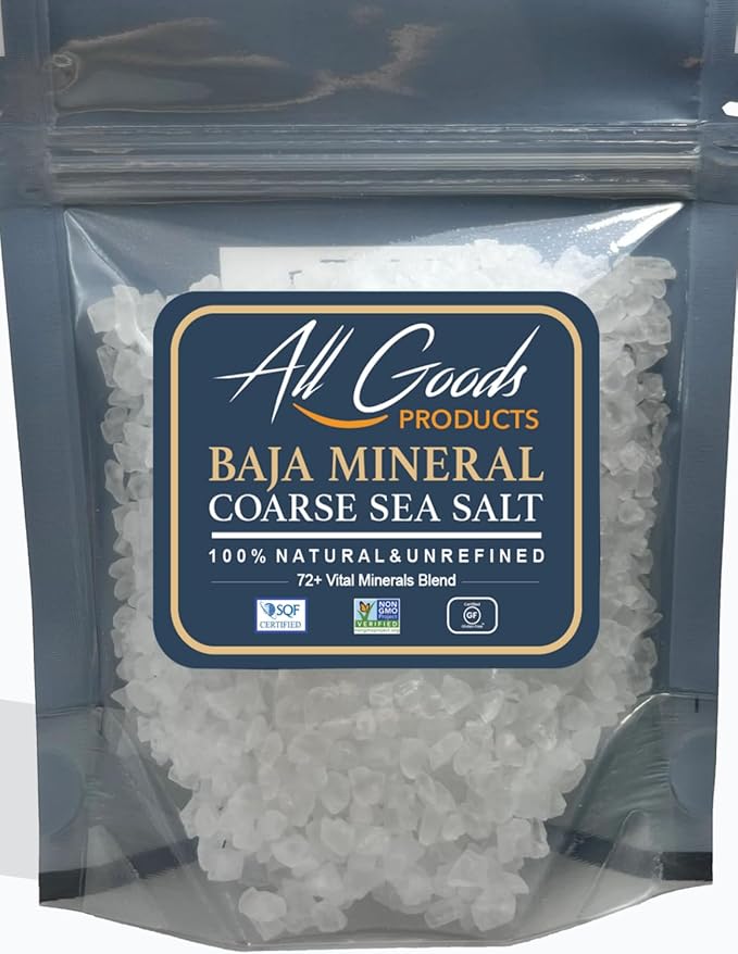 All Goods Products Baja Mineral Coarse Grain Sea Salt, 8 oz Natural Salt from Mexico, Unrefined, Hand-Harvested, Loaded With 72+ Essential Minerals, Kosher, 30% Low Sodium.