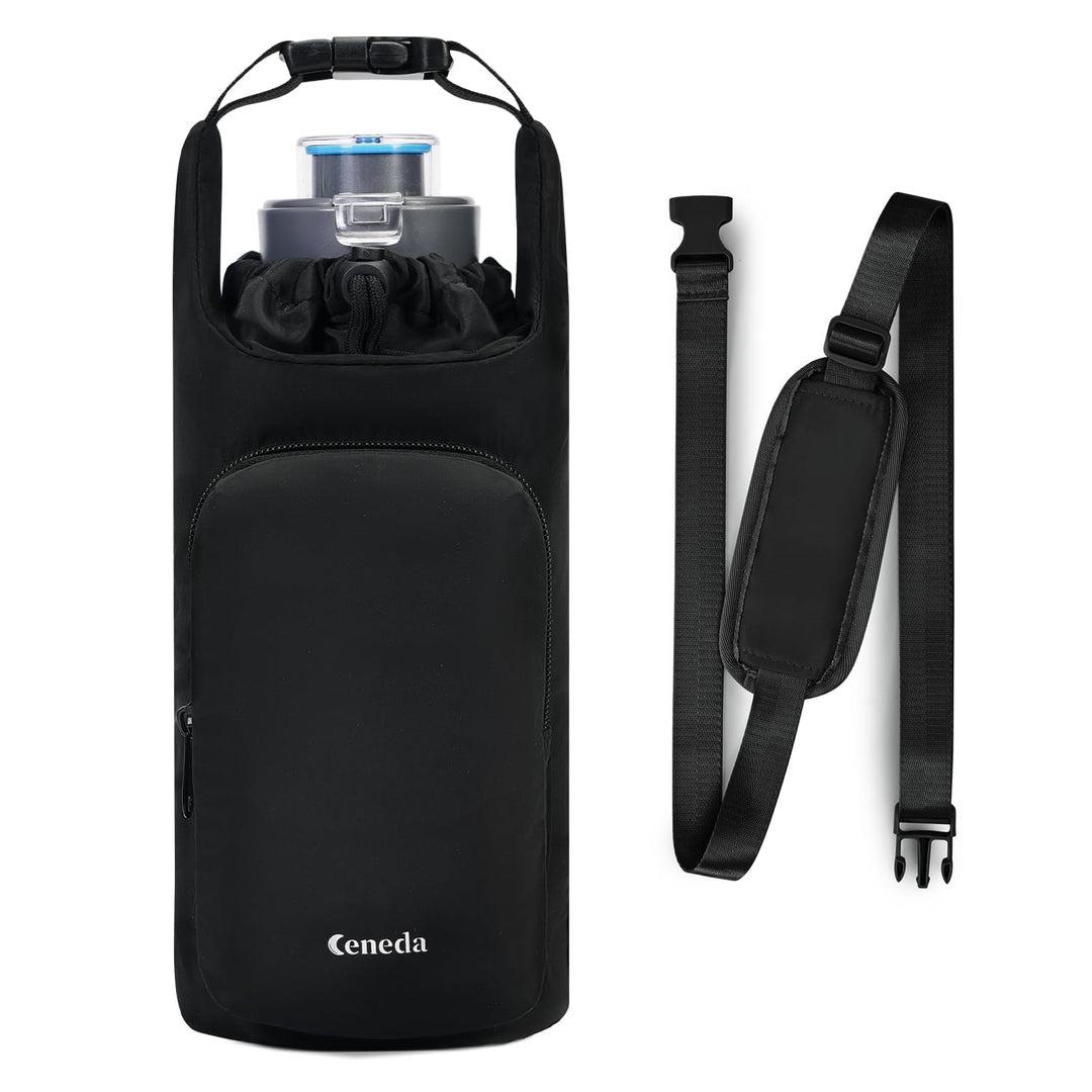 Ceneda Water Bottle Carrier Bag with Phone Pocket 32oz 40oz Tumbler Insulated Water Bottle Holder with Adjustable Shoulder Strap Carrier Sling Bag (Black)