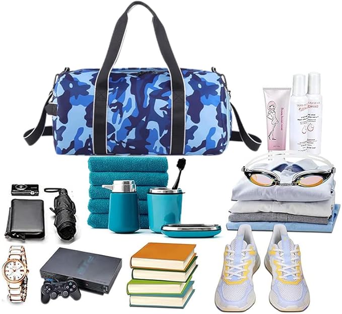 Kids Overnight Duffle Bag Girls Boys Sports Gym Bag with Shoe Compartment Wet Pocket Camouflage travel bag (Blue)