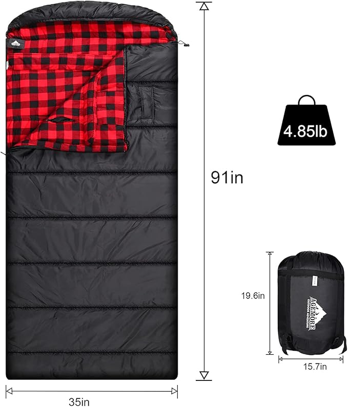 AGEMORE Cotton Flannel Sleeping Bag XL for Camping, Envelope Sleeping Bags for Adults 91"X35", Great for 3-4 Season Traveling, Hiking & Outdoor Activities, Waterproof Comfort with Compression Sack