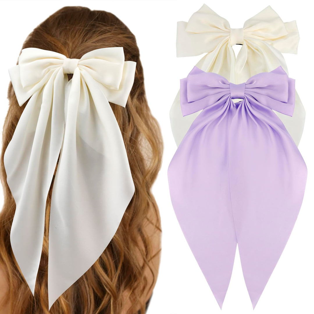 Atoden Silky Satin Oversized Long Tail Hair Accessories - 2Pcs Beige Purple Big Bowknot Barrettes With Metal Clips For Women
