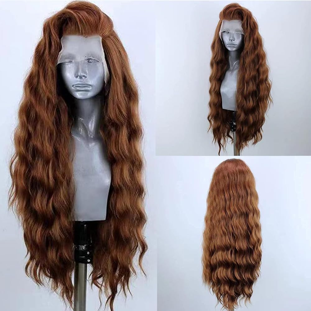 ELESTY 13 * 4 Light Brown Hair Long Wavy Synthetic Lace Front Wigs for Women Loose Curly Free Part Glueless Lace Wig Heat Resistant Fiber Hair Water Wave Cosplay Wigs 24Inch