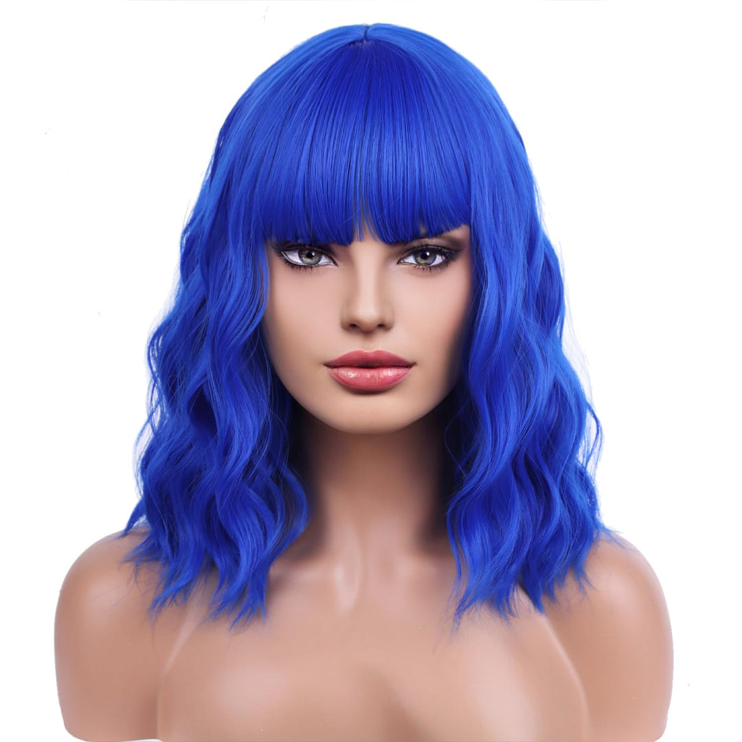 Beron 14 Inches Dark Blue Wig Short Curly Wig Women Girl'S Synthetic Wig Blue Wig With Bangs Wig Cap Included