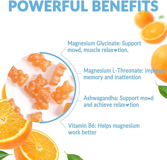 Sugar-Free Magnesium Glycinate Gummies 400mg with Magnesium L-Threonate 200mg, Magnesium Gummies for Women and Men with Ashwagandha, L-Theanine, GABA, Vitamin C, B6