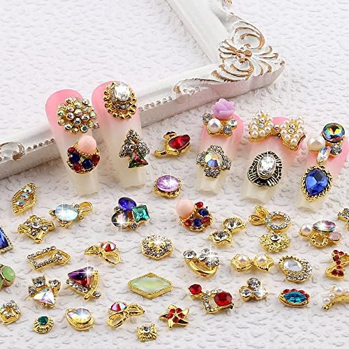 50pcs 3D Gold Nail Charms for Acrylic Nails Mix Styles Rhinestones for Nails Metal Nail Jewels for Nail Art Shiny Zircon Nail Rhinestones Alloy Nail Charm Pearl Nail Gems Cute Charms for Nails Design