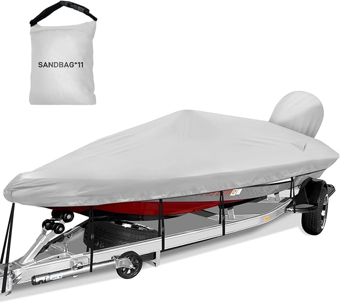 Boat Cover 16-18.5ft, Bass Tracker Boat Cover with Sand Bag Mooring Kit, 1200D Marine Canvas Waterproof Heavy Duty Boat Covers for 16 feet 17ft 18' Foot V Hull Bass & Runabout Boat,Gray