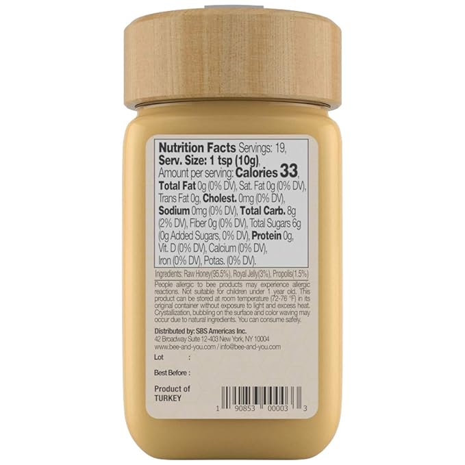 Bee and You Royal Jelly Raw Honey, Propolis Extract, 100% Natural Superfood, Ultra Pure, Immune Support Supplement, Antioxidants, Keto, Paleo, Gluten-Free, 6.7 oz