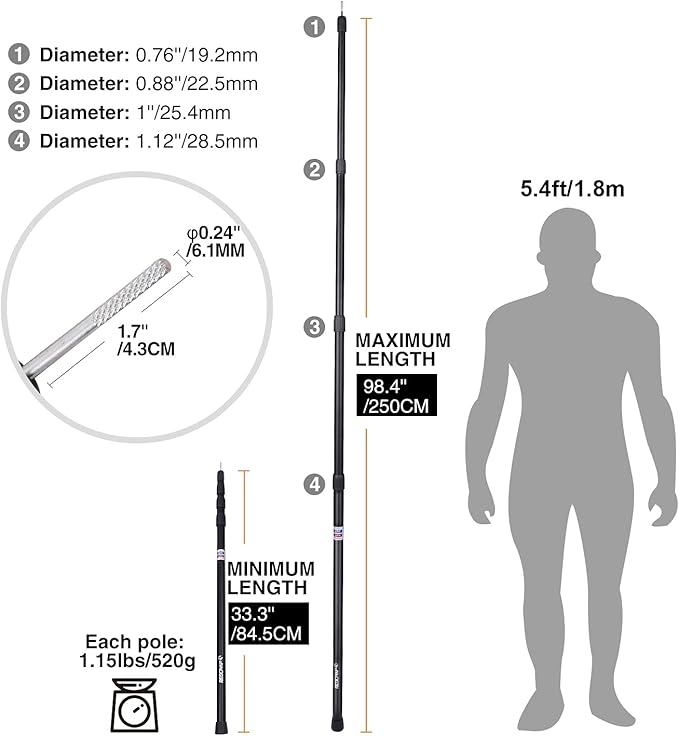 REDCAMP Aluminum Adjustable Camping Tarp Poles, Set of 2, 33.3in to 98.4in Telescoping Lightweight Tent Poles for Shelter, Hammock Rain Fly, Awning
