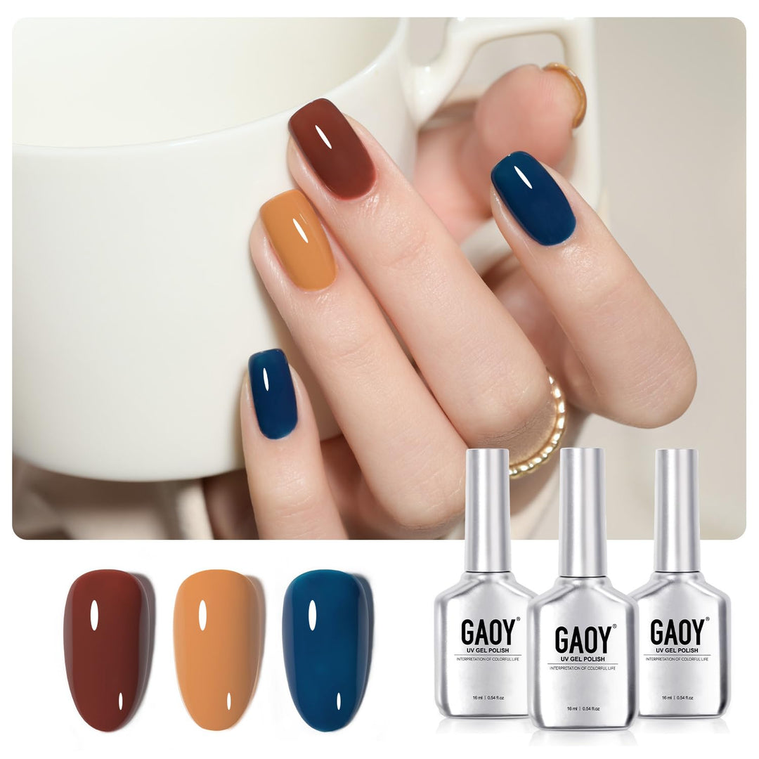 Gaoy Gel Nail Polish Kit, 3 Colors 16Ml Red Yellow Blue, Soak Off Uv Gel Polish Set - Chestnut Indigo