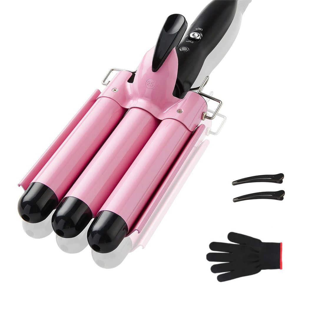 TOP4EVER 3 Barrel Curling Iron, 1 inch Crimper Hair Tool,Crimping Waver for Women Beach Waves with Two Temperature Settings, Pink